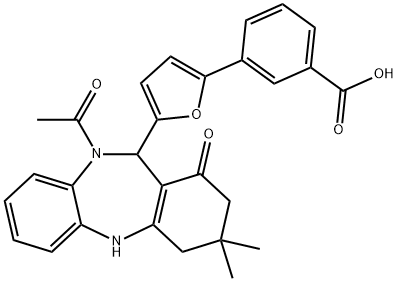 3-[5-(10-acetyl-3,3-dimethyl-1-oxo-2,3,4,5,10,11-hexahydro-1H-dibenzo[b,e][1,4]diazepin-11-yl)-2-furyl]benzoic acid Struktur