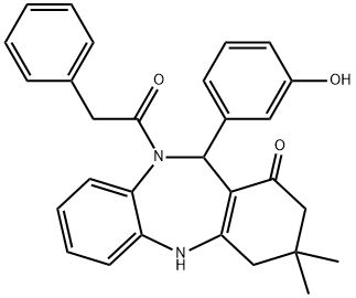 11-(3-hydroxyphenyl)-3,3-dimethyl-10-(phenylacetyl)-2,3,4,5,10,11-hexahydro-1H-dibenzo[b,e][1,4]diazepin-1-one Struktur