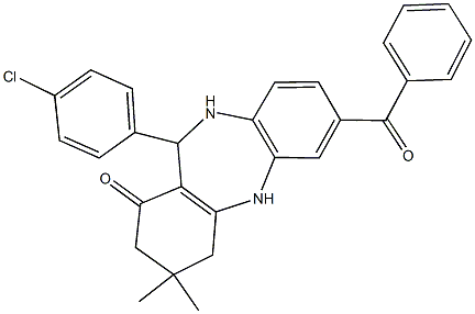 7-benzoyl-11-(4-chlorophenyl)-3,3-dimethyl-2,3,4,5,10,11-hexahydro-1H-dibenzo[b,e][1,4]diazepin-1-one Struktur