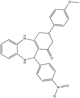 11-{4-nitrophenyl}-3-(4-methoxyphenyl)-2,3,4,5,10,11-hexahydro-1H-dibenzo[b,e][1,4]diazepin-1-one Struktur