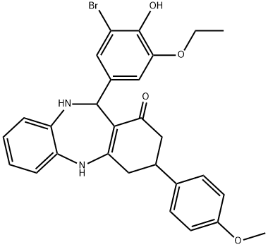 11-(3-bromo-5-ethoxy-4-hydroxyphenyl)-3-(4-methoxyphenyl)-2,3,4,5,10,11-hexahydro-1H-dibenzo[b,e][1,4]diazepin-1-one Struktur