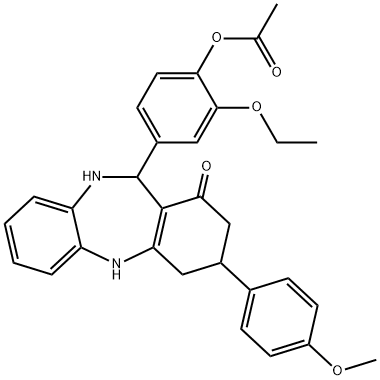 2-ethoxy-4-[3-(4-methoxyphenyl)-1-oxo-2,3,4,5,10,11-hexahydro-1H-dibenzo[b,e][1,4]diazepin-11-yl]phenyl acetate Struktur