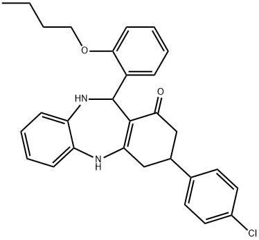 11-(2-butoxyphenyl)-3-(4-chlorophenyl)-2,3,4,5,10,11-hexahydro-1H-dibenzo[b,e][1,4]diazepin-1-one Struktur