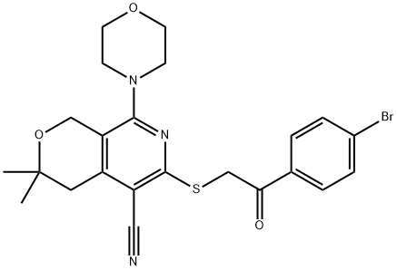 6-{[2-(4-bromophenyl)-2-oxoethyl]sulfanyl}-3,3-dimethyl-8-morpholin-4-yl-3,4-dihydro-1H-pyrano[3,4-c]pyridine-5-carbonitrile Struktur