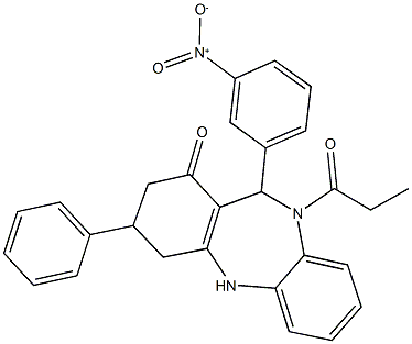 11-{3-nitrophenyl}-3-phenyl-10-propionyl-2,3,4,5,10,11-hexahydro-1H-dibenzo[b,e][1,4]diazepin-1-one Struktur