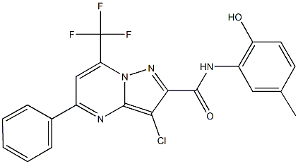 3-chloro-N-(2-hydroxy-5-methylphenyl)-5-phenyl-7-(trifluoromethyl)pyrazolo[1,5-a]pyrimidine-2-carboxamide Struktur