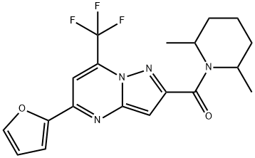 2-[(2,6-dimethyl-1-piperidinyl)carbonyl]-5-(2-furyl)-7-(trifluoromethyl)pyrazolo[1,5-a]pyrimidine Struktur