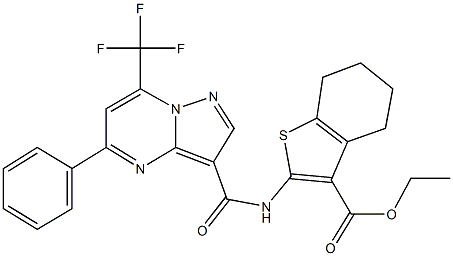 ethyl 2-({[5-phenyl-7-(trifluoromethyl)pyrazolo[1,5-a]pyrimidin-3-yl]carbonyl}amino)-4,5,6,7-tetrahydro-1-benzothiophene-3-carboxylate Struktur