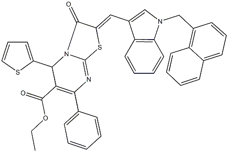 ethyl 2-{[1-(1-naphthylmethyl)-1H-indol-3-yl]methylene}-3-oxo-7-phenyl-5-(2-thienyl)-2,3-dihydro-5H-[1,3]thiazolo[3,2-a]pyrimidine-6-carboxylate Struktur