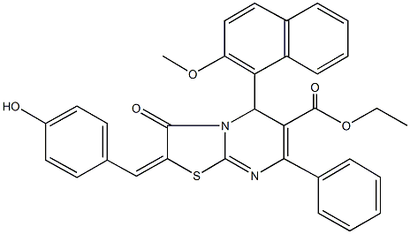 ethyl 2-(4-hydroxybenzylidene)-5-(2-methoxy-1-naphthyl)-3-oxo-7-phenyl-2,3-dihydro-5H-[1,3]thiazolo[3,2-a]pyrimidine-6-carboxylate Struktur