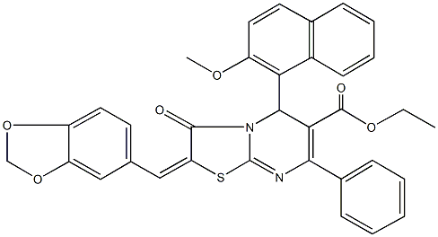 ethyl 2-(1,3-benzodioxol-5-ylmethylene)-5-(2-methoxy-1-naphthyl)-3-oxo-7-phenyl-2,3-dihydro-5H-[1,3]thiazolo[3,2-a]pyrimidine-6-carboxylate Struktur