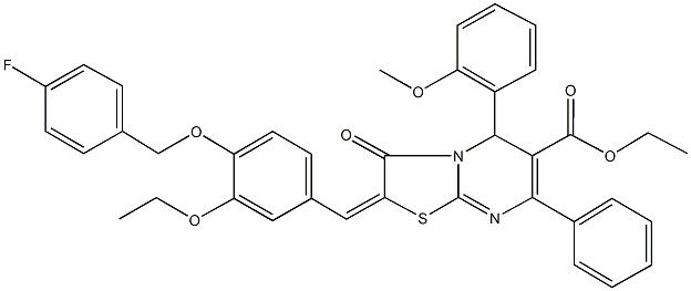 ethyl 2-{3-ethoxy-4-[(4-fluorobenzyl)oxy]benzylidene}-5-(2-methoxyphenyl)-3-oxo-7-phenyl-2,3-dihydro-5H-[1,3]thiazolo[3,2-a]pyrimidine-6-carboxylate Struktur