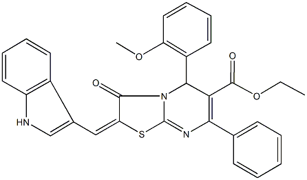 ethyl 2-(1H-indol-3-ylmethylene)-5-(2-methoxyphenyl)-3-oxo-7-phenyl-2,3-dihydro-5H-[1,3]thiazolo[3,2-a]pyrimidine-6-carboxylate Struktur