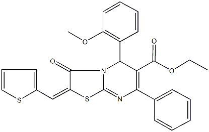 ethyl 5-(2-methoxyphenyl)-3-oxo-7-phenyl-2-(2-thienylmethylene)-2,3-dihydro-5H-[1,3]thiazolo[3,2-a]pyrimidine-6-carboxylate Struktur