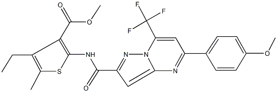 methyl 4-ethyl-2-({[5-(4-methoxyphenyl)-7-(trifluoromethyl)pyrazolo[1,5-a]pyrimidin-2-yl]carbonyl}amino)-5-methyl-3-thiophenecarboxylate Struktur