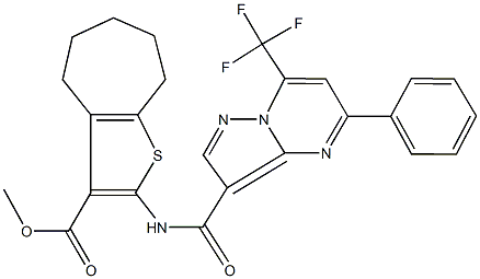 methyl 2-({[5-phenyl-7-(trifluoromethyl)pyrazolo[1,5-a]pyrimidin-3-yl]carbonyl}amino)-5,6,7,8-tetrahydro-4H-cyclohepta[b]thiophene-3-carboxylate Struktur