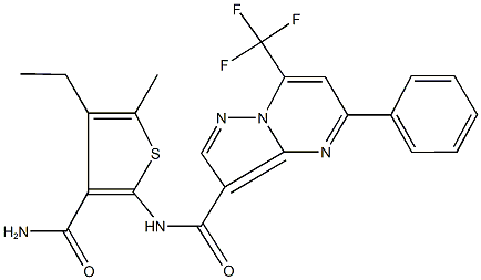 N-[3-(aminocarbonyl)-4-ethyl-5-methyl-2-thienyl]-5-phenyl-7-(trifluoromethyl)pyrazolo[1,5-a]pyrimidine-3-carboxamide Struktur