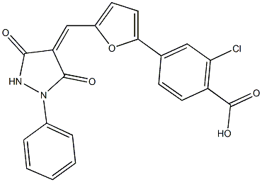 2-chloro-4-{5-[(3,5-dioxo-1-phenyl-4-pyrazolidinylidene)methyl]-2-furyl}benzoic acid Struktur