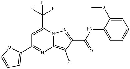 3-chloro-N-[2-(methylsulfanyl)phenyl]-5-(2-thienyl)-7-(trifluoromethyl)pyrazolo[1,5-a]pyrimidine-2-carboxamide Struktur