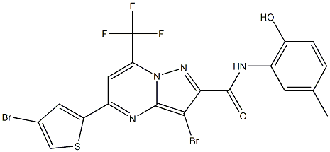 3-bromo-5-(4-bromo-2-thienyl)-N-(2-hydroxy-5-methylphenyl)-7-(trifluoromethyl)pyrazolo[1,5-a]pyrimidine-2-carboxamide Struktur