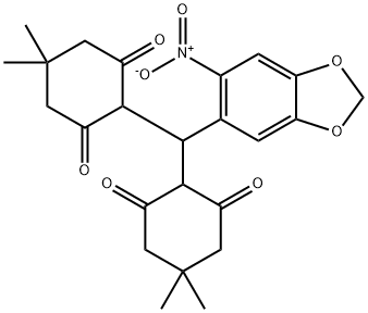 2-((4,4-dimethyl-2,6-dioxocyclohexyl){6-nitro-1,3-benzodioxol-5-yl}methyl)-5,5-dimethyl-1,3-cyclohexanedione Struktur