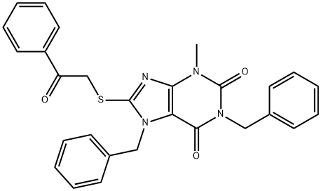 1,7-dibenzyl-3-methyl-8-[(2-oxo-2-phenylethyl)sulfanyl]-3,7-dihydro-1H-purine-2,6-dione Struktur