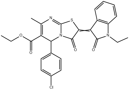 ethyl 5-(4-chlorophenyl)-2-(1-ethyl-2-oxo-1,2-dihydro-3H-indol-3-ylidene)-7-methyl-3-oxo-2,3-dihydro-5H-[1,3]thiazolo[3,2-a]pyrimidine-6-carboxylate Struktur