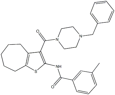 N-{3-[(4-benzyl-1-piperazinyl)carbonyl]-5,6,7,8-tetrahydro-4H-cyclohepta[b]thien-2-yl}-3-methylbenzamide Struktur