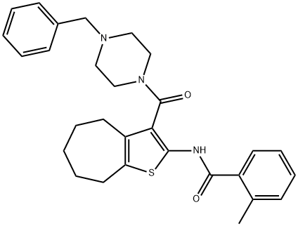 N-{3-[(4-benzyl-1-piperazinyl)carbonyl]-5,6,7,8-tetrahydro-4H-cyclohepta[b]thien-2-yl}-2-methylbenzamide Struktur