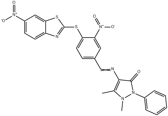 4-{[3-nitro-4-({6-nitro-1,3-benzothiazol-2-yl}sulfanyl)benzylidene]amino}-1,5-dimethyl-2-phenyl-1,2-dihydro-3H-pyrazol-3-one Struktur