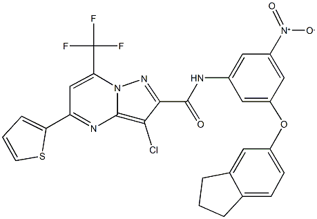 3-chloro-N-{3-(2,3-dihydro-1H-inden-5-yloxy)-5-nitrophenyl}-5-(2-thienyl)-7-(trifluoromethyl)pyrazolo[1,5-a]pyrimidine-2-carboxamide Struktur