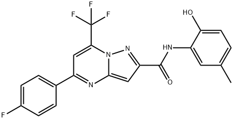 5-(4-fluorophenyl)-N-(2-hydroxy-5-methylphenyl)-7-(trifluoromethyl)pyrazolo[1,5-a]pyrimidine-2-carboxamide Struktur