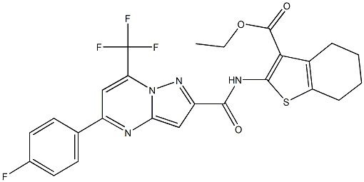 ethyl 2-({[5-(4-fluorophenyl)-7-(trifluoromethyl)pyrazolo[1,5-a]pyrimidin-2-yl]carbonyl}amino)-4,5,6,7-tetrahydro-1-benzothiophene-3-carboxylate Struktur