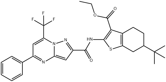 ethyl 6-tert-butyl-2-({[5-phenyl-7-(trifluoromethyl)pyrazolo[1,5-a]pyrimidin-2-yl]carbonyl}amino)-4,5,6,7-tetrahydro-1-benzothiophene-3-carboxylate Struktur