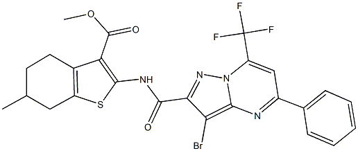 methyl 2-({[3-bromo-5-phenyl-7-(trifluoromethyl)pyrazolo[1,5-a]pyrimidin-2-yl]carbonyl}amino)-6-methyl-4,5,6,7-tetrahydro-1-benzothiophene-3-carboxylate Struktur