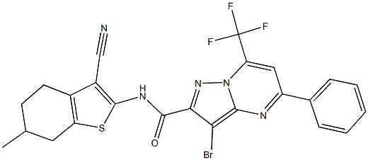 3-bromo-N-(3-cyano-6-methyl-4,5,6,7-tetrahydro-1-benzothien-2-yl)-5-phenyl-7-(trifluoromethyl)pyrazolo[1,5-a]pyrimidine-2-carboxamide Struktur