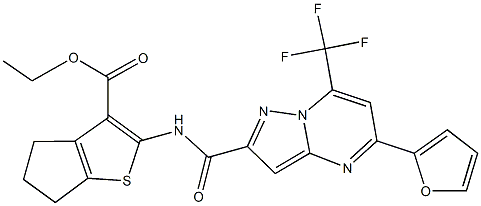 ethyl 2-({[5-(2-furyl)-7-(trifluoromethyl)pyrazolo[1,5-a]pyrimidin-2-yl]carbonyl}amino)-5,6-dihydro-4H-cyclopenta[b]thiophene-3-carboxylate Struktur