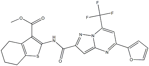 methyl 2-({[5-(2-furyl)-7-(trifluoromethyl)pyrazolo[1,5-a]pyrimidin-2-yl]carbonyl}amino)-4,5,6,7-tetrahydro-1-benzothiophene-3-carboxylate Struktur