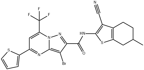 3-bromo-N-(3-cyano-6-methyl-4,5,6,7-tetrahydro-1-benzothien-2-yl)-5-(2-thienyl)-7-(trifluoromethyl)pyrazolo[1,5-a]pyrimidine-2-carboxamide Struktur