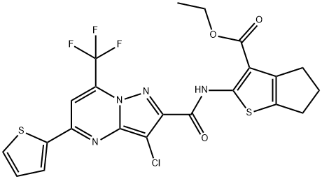 ethyl 2-({[3-chloro-5-(2-thienyl)-7-(trifluoromethyl)pyrazolo[1,5-a]pyrimidin-2-yl]carbonyl}amino)-5,6-dihydro-4H-cyclopenta[b]thiophene-3-carboxylate Struktur