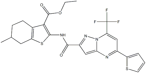 ethyl 6-methyl-2-({[5-(2-thienyl)-7-(trifluoromethyl)pyrazolo[1,5-a]pyrimidin-2-yl]carbonyl}amino)-4,5,6,7-tetrahydro-1-benzothiophene-3-carboxylate Struktur