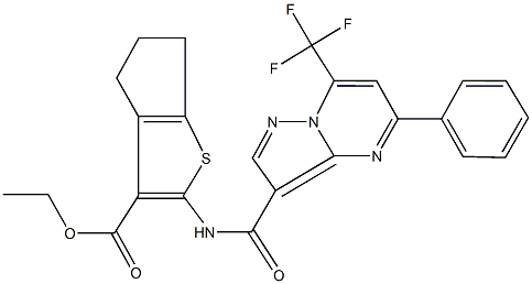 ethyl 2-({[5-phenyl-7-(trifluoromethyl)pyrazolo[1,5-a]pyrimidin-3-yl]carbonyl}amino)-5,6-dihydro-4H-cyclopenta[b]thiophene-3-carboxylate Struktur