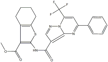 methyl 2-({[5-phenyl-7-(trifluoromethyl)pyrazolo[1,5-a]pyrimidin-3-yl]carbonyl}amino)-4,5,6,7-tetrahydro-1-benzothiophene-3-carboxylate Struktur