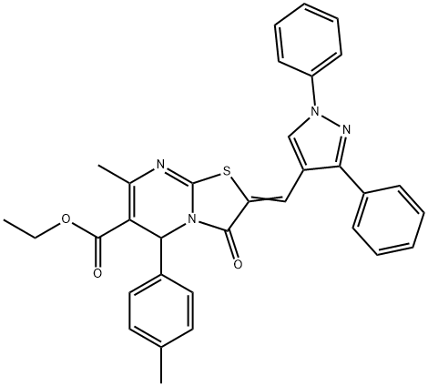 ethyl 2-[(1,3-diphenyl-1H-pyrazol-4-yl)methylene]-7-methyl-5-(4-methylphenyl)-3-oxo-2,3-dihydro-5H-[1,3]thiazolo[3,2-a]pyrimidine-6-carboxylate Struktur