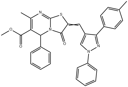 methyl 7-methyl-2-{[3-(4-methylphenyl)-1-phenyl-1H-pyrazol-4-yl]methylene}-3-oxo-5-phenyl-2,3-dihydro-5H-[1,3]thiazolo[3,2-a]pyrimidine-6-carboxylate Struktur