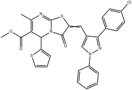 methyl 2-{[3-(4-chlorophenyl)-1-phenyl-1H-pyrazol-4-yl]methylene}-7-methyl-3-oxo-5-(2-thienyl)-2,3-dihydro-5H-[1,3]thiazolo[3,2-a]pyrimidine-6-carboxylate Struktur