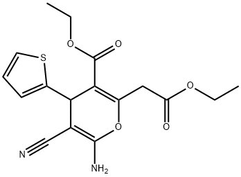 ethyl 6-amino-5-cyano-2-(2-ethoxy-2-oxoethyl)-4-(2-thienyl)-4H-pyran-3-carboxylate Struktur