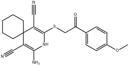 2-amino-4-{[2-(4-methoxyphenyl)-2-oxoethyl]sulfanyl}-3-azaspiro[5.5]undeca-1,4-diene-1,5-dicarbonitrile Struktur