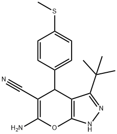 6-amino-3-(tert-butyl)-4-[4-(methylsulfanyl)phenyl]-1,4-dihydropyrano[2,3-c]pyrazole-5-carbonitrile Struktur