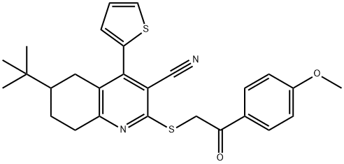 6-(tert-butyl)-2-{[2-(4-methoxyphenyl)-2-oxoethyl]sulfanyl}-4-(2-thienyl)-5,6,7,8-tetrahydro-3-quinolinecarbonitrile Struktur